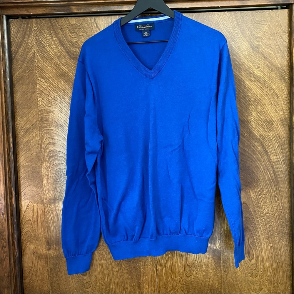 Brooks Brothers XL 100% Supima Cotton Men's V-Neck Blue Sweater Preppy Academia